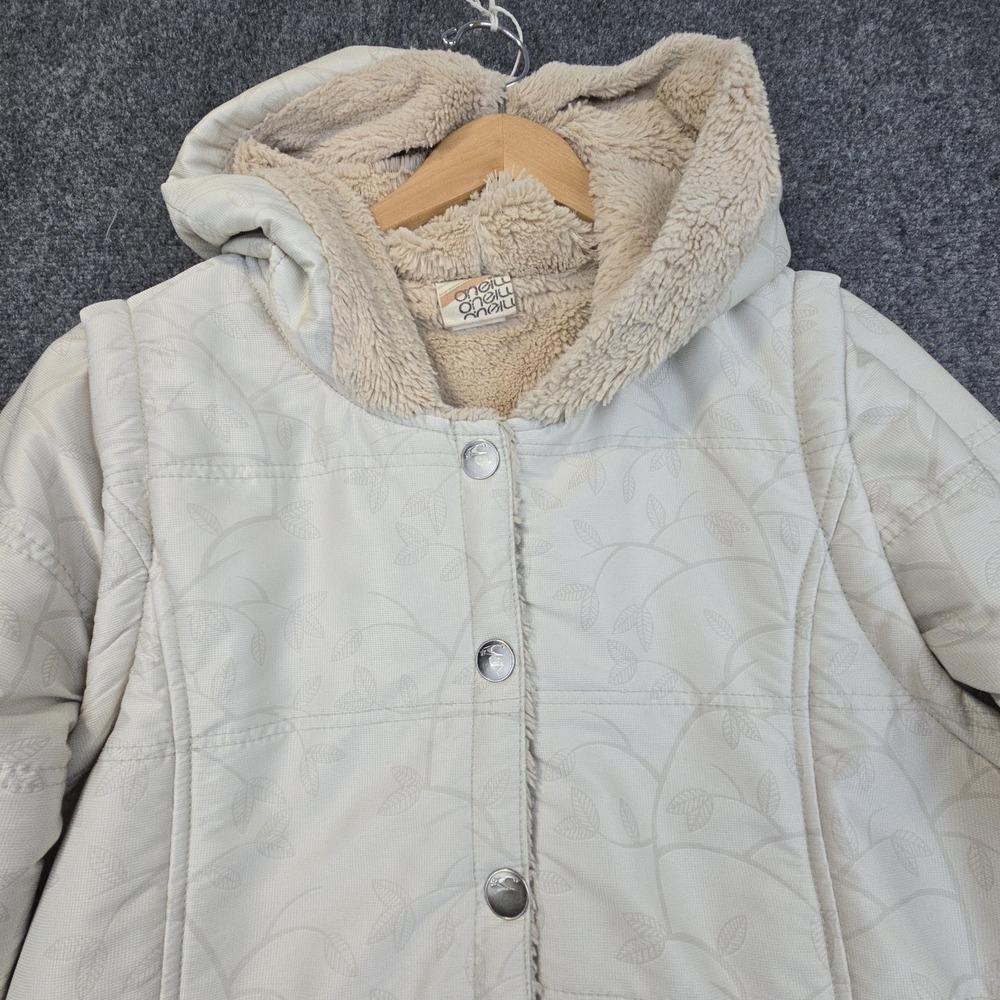 O'Neill Womens XL Sherpa Lined Jacket Ivory Hooded Zip Off Sleeves Floral‎ - Picture 2 of 13